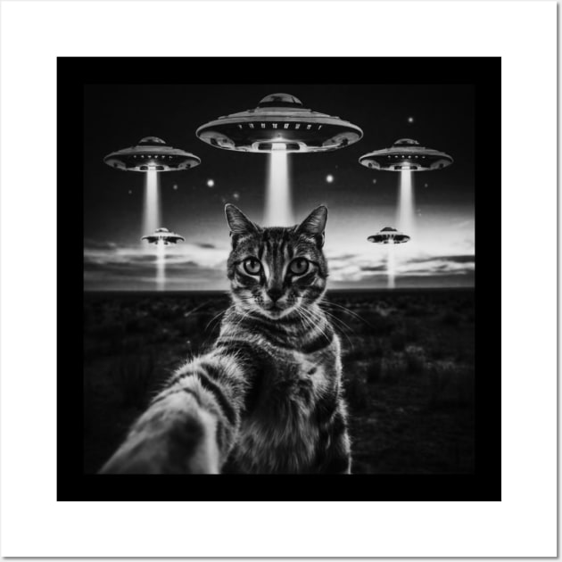 Selfie of Funny Cat And Aliens UFO Wall Art by Megadorim